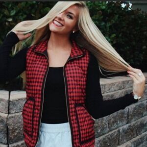 J.Crew Womens Vest‎ Puffer Quilted Plaid Red Black Sleeveless Casual Small